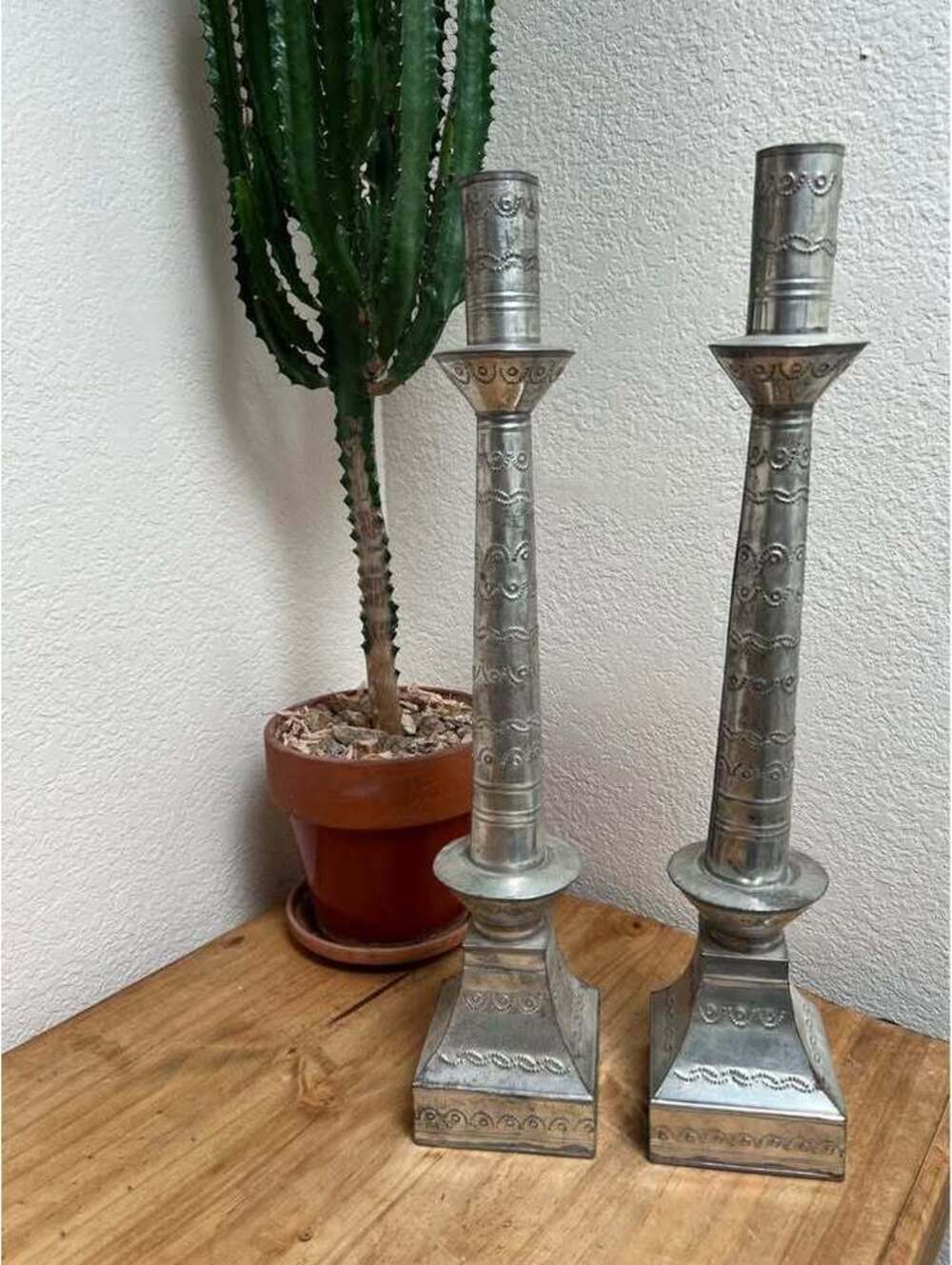 Pair 18.5” Mexican Punched Tin Altar Candlesticks Candle Holders